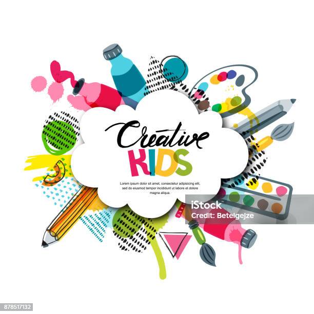 Kids Art Craft Education Creativity Class Vector Banner Poster With White Cloud Shape Paper Background Stock Illustration - Download Image Now