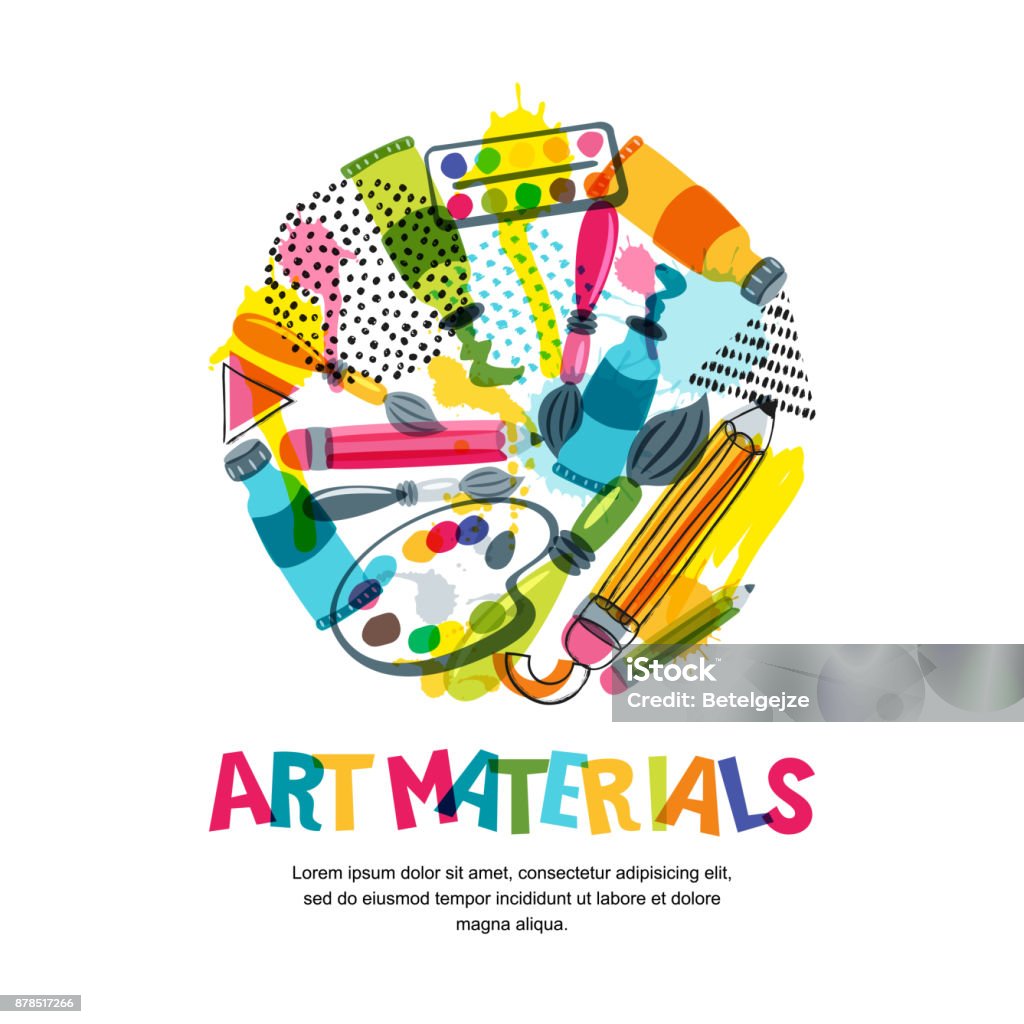Art materials for craft design and creativity. Vector isolated illustration in circle shape. Banner, poster background Art materials for craft design and creativity. Vector doodle isolated illustration in circle shape. Banner or poster background with pencils, brushes, watercolor paints. Child's Drawing stock vector