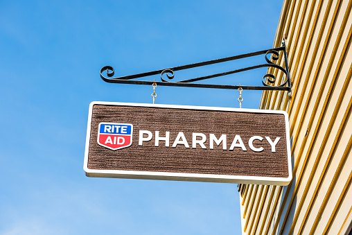 Bar Harbor: Rite Aid Pharmacy sign in old town village in Maine closeup isolated