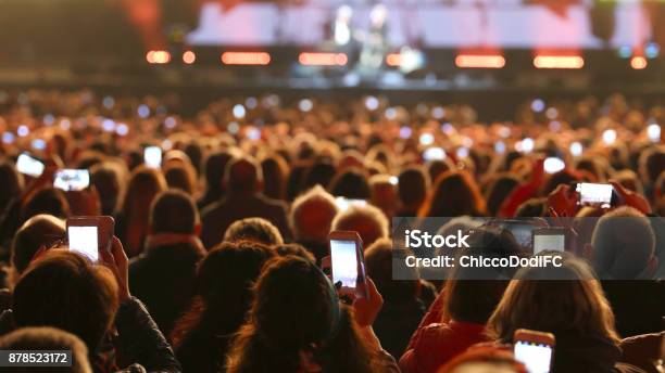 Many People With Smart Phones At Live Concert Stock Photo - Download Image Now - Concert, Crowd of People, Mobile Phone