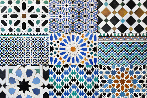 Collage of nine moorish mosaics. This type of mosaic can be found in mosques in the arabian world.