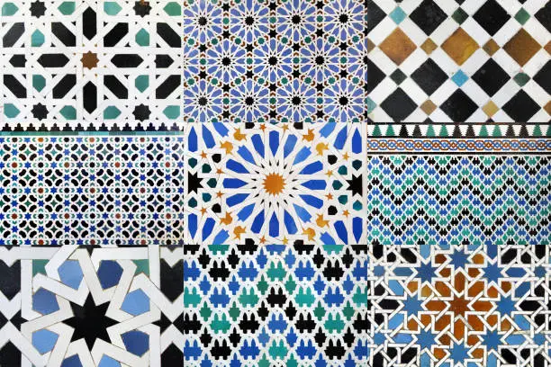 Collage of nine moorish mosaics. This type of mosaic can be found in mosques in the arabian world.