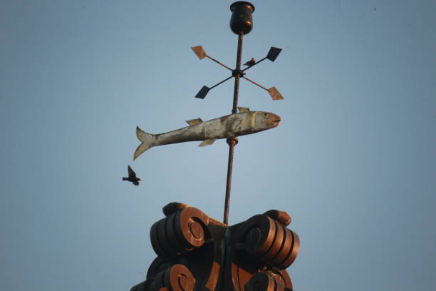Weather Vane  on top of a chimney. A Weather Vane is a  traditional figure used fore pointing the  Wind direction.