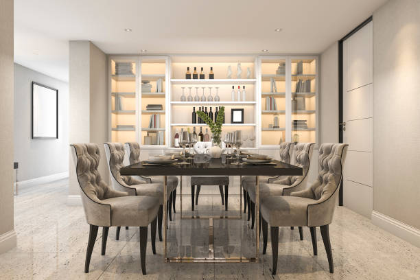 istock 3d rendering dining set in modern luxury dining room near door 878534316