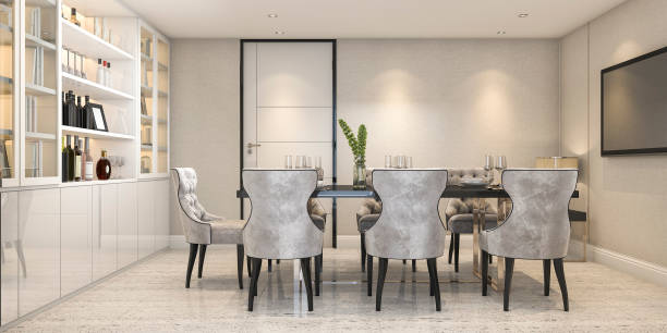 istock 3d rendering dining set in modern luxury dining room near door 878534320