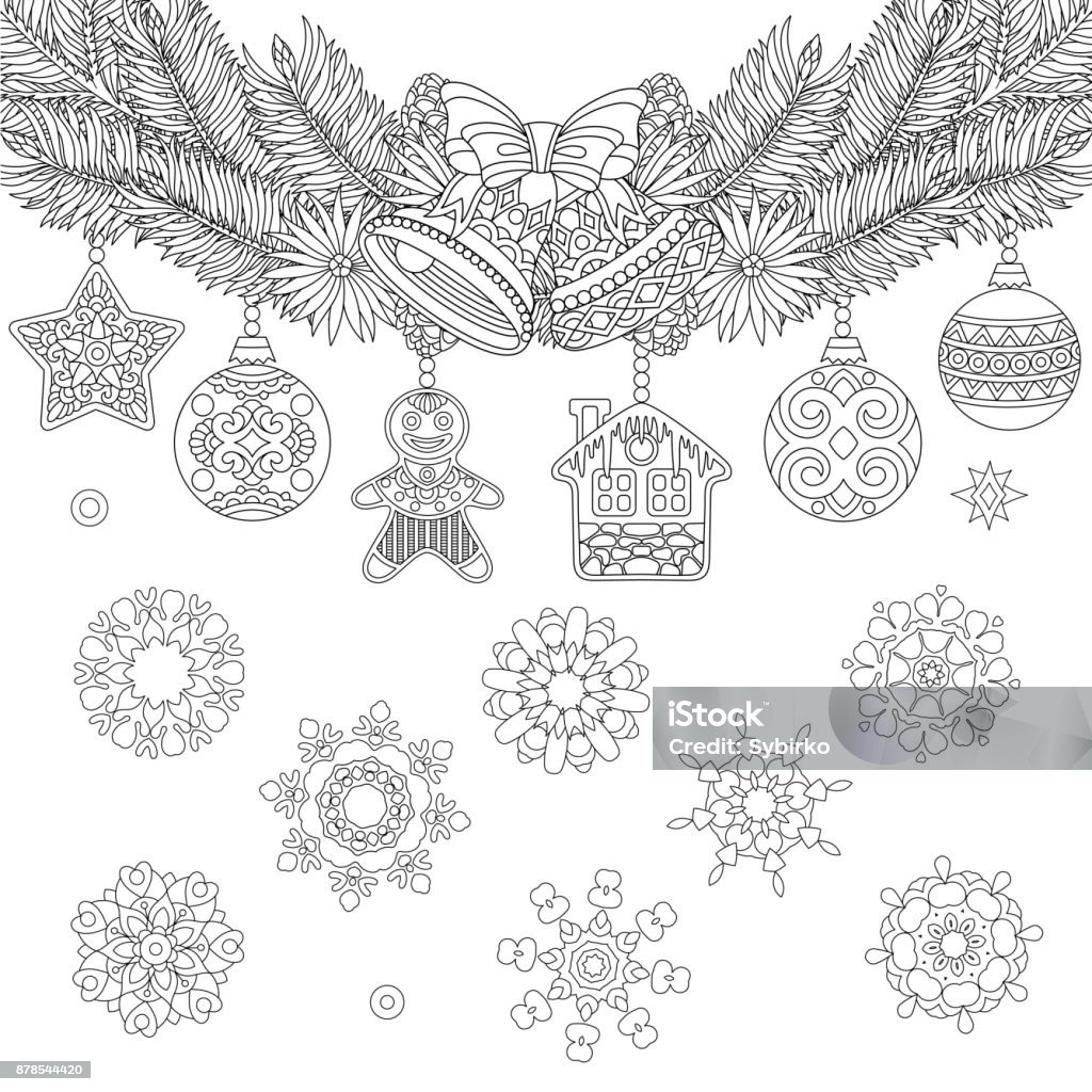 Coloring page of Christmas ornaments Christmas ornaments, fir tree, jingle bells and vintage snowflakes. Freehand sketch for Merry Christmas greeting card or adult coloring book page. Adult stock vector