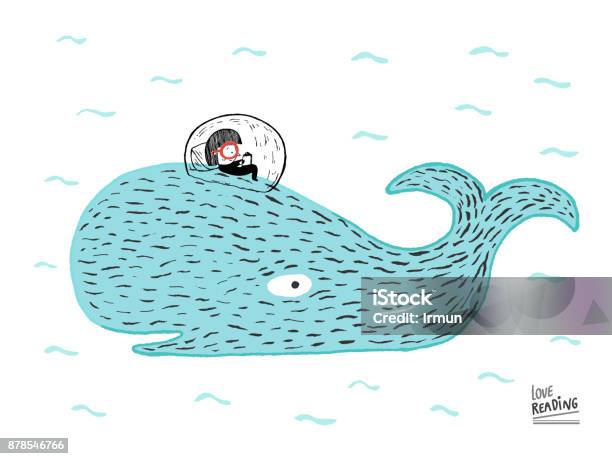 Liebe Lesen Mädchen Lesen Eines Buches Auf Einem Wal Unter Dem Meer Handgezeichnete Vektorillustration Stock Vektor Art und mehr Bilder von Kind