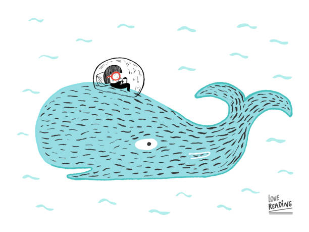 ilustrações de stock, clip art, desenhos animados e ícones de love reading. girl reading a book on a whale under the sea, hand drawn vector illustration - adolescente ilustrações