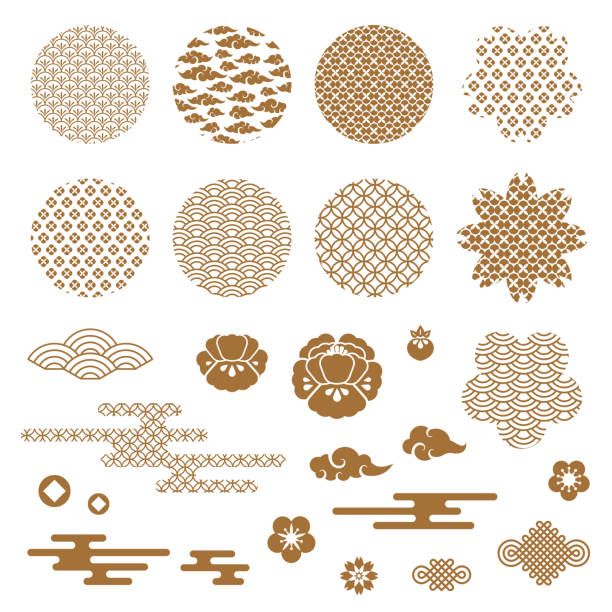 chinesische und japanische dekorative symbole - orientalische hintergründe stock-grafiken, -clipart, -cartoons und -symbole