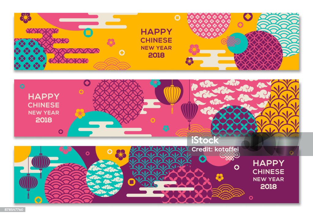 Horizontal Banners Set with Chinese geometric ornate shapes Horizontal Banners Set with 2018 Chinese New Year Elements. Vector illustration. Asian Lantern, Clouds and Patterns in Modern Style. Pattern stock vector