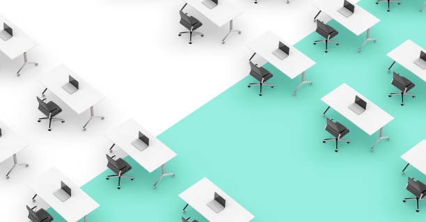 istock Business concept render with multiple office desks with vibrant background 878559326