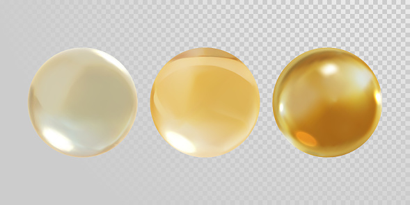 Gold glass ball isolated on transparent background. 3D realistic vector golden oil vitamin E pill capsule crystal glass ball texture