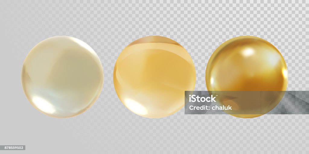 Gold glass ball isolated on transparent background. 3D realistic vector golden oil vitamin E pill capsule crystal glass ball texture Gold - Metal stock vector
