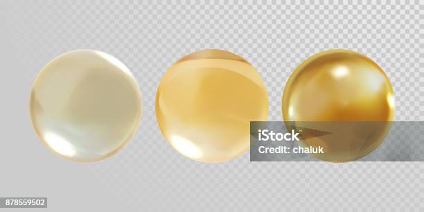 Gold Glass Ball Isolated On Transparent Background 3d Realistic Vector Golden Oil Vitamin E Pill Capsule Crystal Glass Ball Texture Stock Illustration - Download Image Now