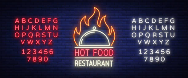 Logo of a hot food restaurant, neon sign, logo, emblem isolated Vector illustration. Bright luminous sign. This logo is suitable for: restaurant, spicy dishes barbecue parties. Editing text neon sign Logo of a hot food restaurant, neon sign, logo, emblem isolated Vector illustration. Bright luminous sign. This logo is suitable for: restaurant, spicy dishes barbecue parties. Editing text neon sign. chef cooking flames stock illustrations