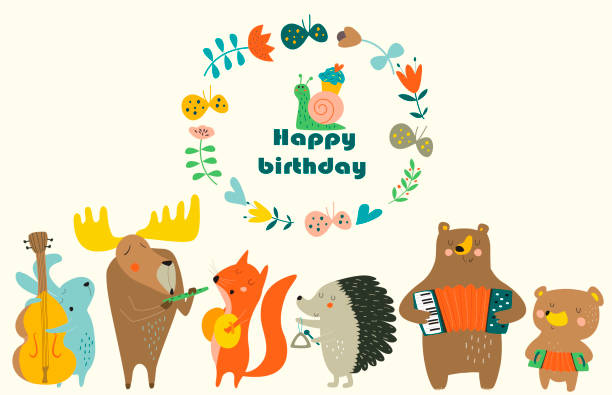 musicanimals2bright Birthday card with cute animals  playing the musical instruments. Cartoon style. contra bassoon stock illustrations