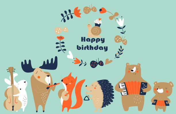 musicanimals2blue Birthday card with cute animals  playing the musical instruments. Cartoon style. contra bassoon stock illustrations