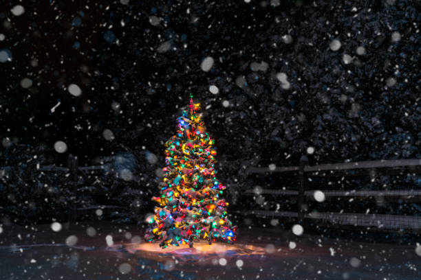 istock Multi-Colored Christmas tree at night as it is snowing 878582226