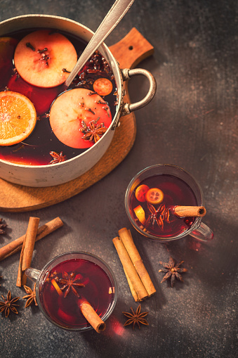 Hot mulled wine with spices for Christmas