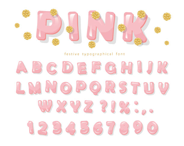 Pink glossy font. ABC letters and numbers for girls. Gold glitter confetti. Pink glossy font. ABC letters and numbers for girls. Gold glitter confetti. Vector happy valentines day book stock illustrations