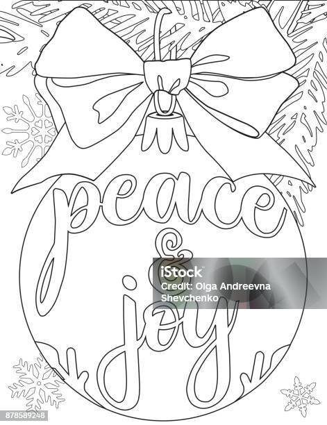 Peace And Joy Black And White Poster With Tree Branch Decorations Ribbon And Snowflakes Stock Illustration - Download Image Now