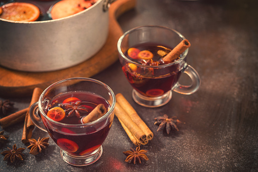 Hot mulled wine with spices for Christmas