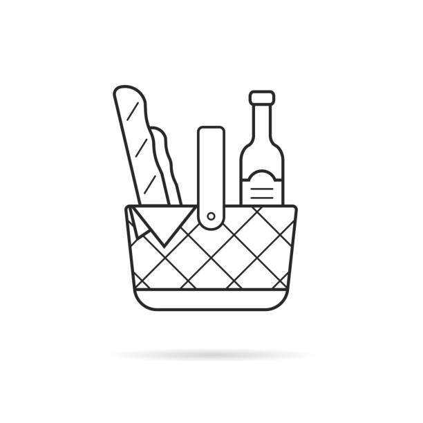 ilustraciones, imágenes clip art, dibujos animados e iconos de stock de icono de cesta de picnic de línea fina negra con alimentos - wicker basket store gift shop