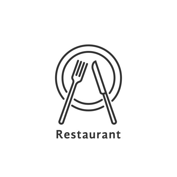 simple black thin line restaurant symbol simple black thin line restaurant symbol. concept of nutrition service or serving dishes in dining room or canteen. contour flat style trend stroke graphic art design element isolated on white cooking utensil domestic kitchen kitchen utensil chef stock illustrations