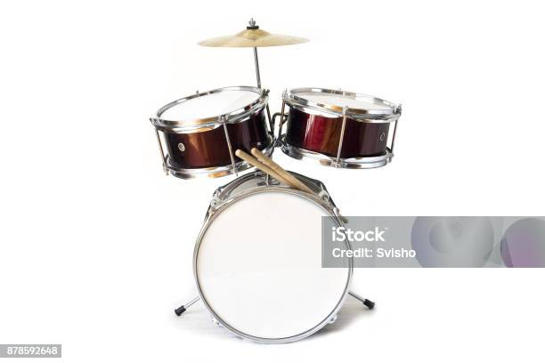 Drum Kit Isolated On White Background Stock Photo - Download Image Now - Drum Kit, Drum - Percussion Instrument, Cut Out