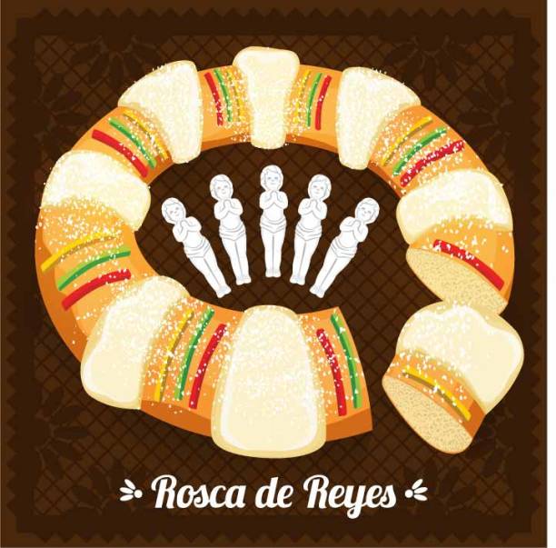 ilustrações de stock, clip art, desenhos animados e ícones de rosca de reyes (three kings cake in spanish) with baby jesus dolls composition - bolo rei