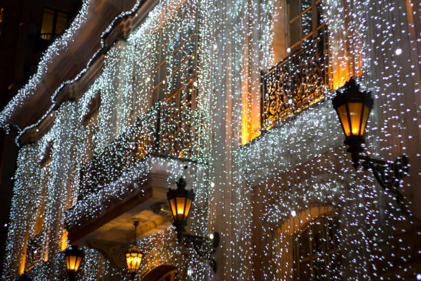 A streetscape decorated with Christmas decorations at the Vorosmarty Square Advent Fair on December 27, 2024, in Budapest