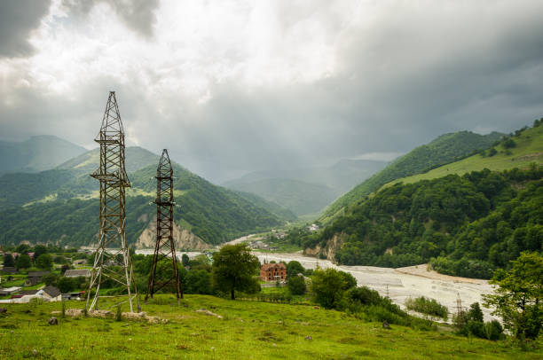 Beautiful landscape, view of the mountain village Beautiful landscape, view of the mountain village along the river on a cloudy day harasu canyon stock pictures, royalty-free photos & images