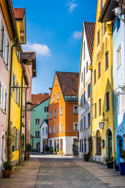 Beautiful street of old buildings, Fussen city, Germany Beautiful street of old buildings, Fussen city, Germany fussen stock pictures, royalty-free photos & images