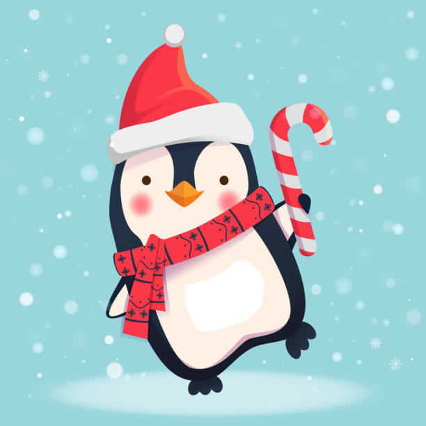 penguin with christmas candy Penguin cartoon illustration. Penguin with christmas candy penguin stock illustrations