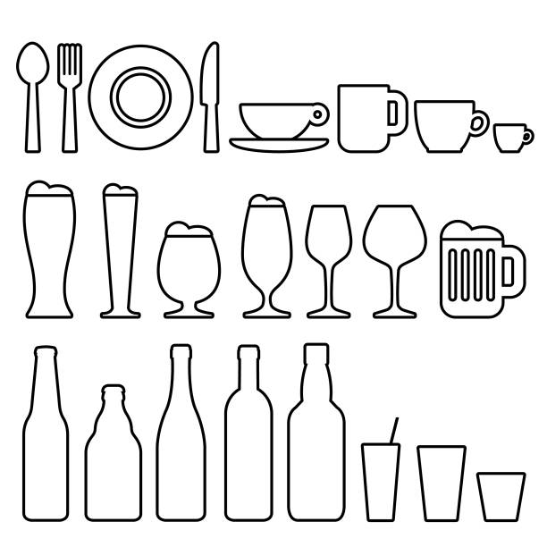 illustrazioni stock, clip art, cartoni animati e icone di tendenza di icone di cibo e bevande - bicchiere da vino illustrazioni