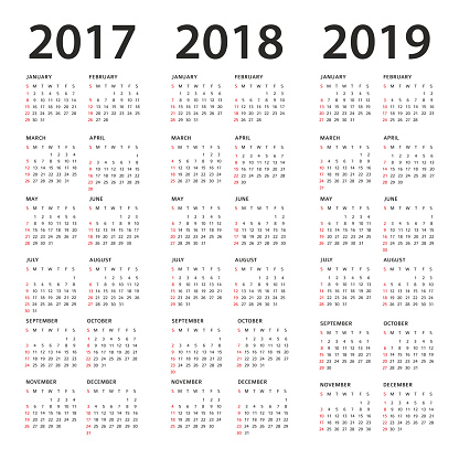 Simple Calendar Template - 2017, 2018 and 2019 Years - Vector Illustration