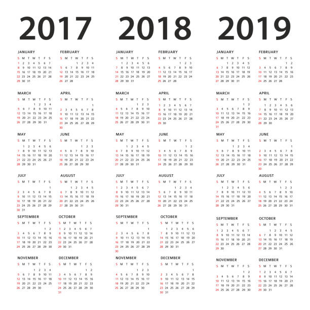 Simple Calendar Template - 2017, 2018 and 2019 Years Simple Calendar Template - 2017, 2018 and 2019 Years - Vector Illustration 2017 stock illustrations