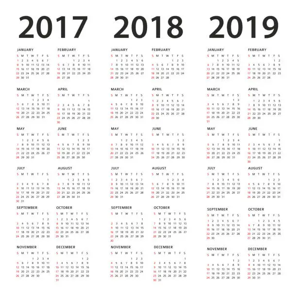 Vector illustration of Simple Calendar Template - 2017, 2018 and 2019 Years
