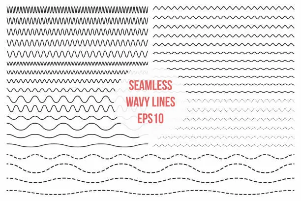 Vector illustration of Wavy lines set. Horizontal seamless thin zig zag, criss cross and wavy lines for brushes