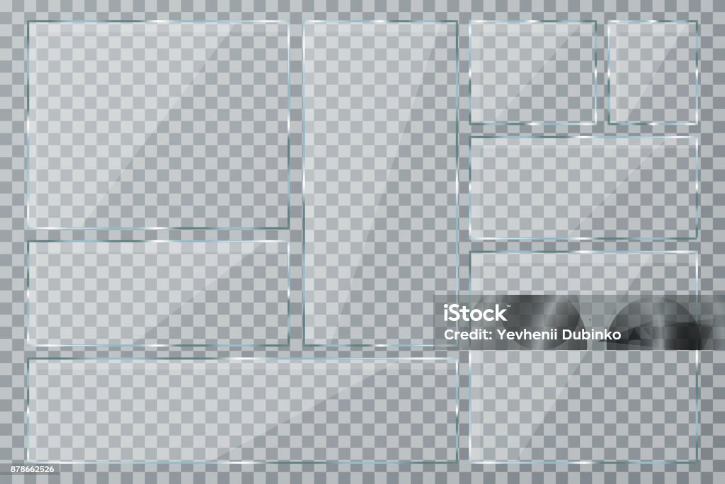 Glass plate set on transparent background. Clear glass showcase. Realistic window mockup collection Glass plate set on transparent background. Clear glass showcase. Realistic window mockup collection. Vector Glass - Material stock vector
