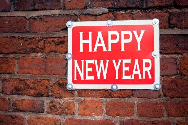 istock Hand writing text caption inspiration showing Happy New Year concept meaning Christmas Celebration written on old announcement road sign with background and copy space 878671686