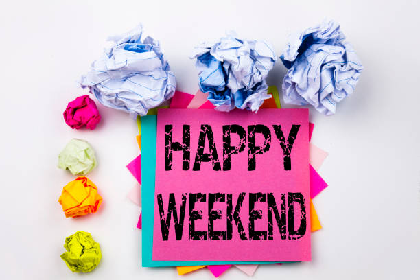 istock Writing text showing Happy Weekend written on sticky note in office with screw paper balls. Business concept for Holiday Day Off Celebration on the white isolated background. 878671818