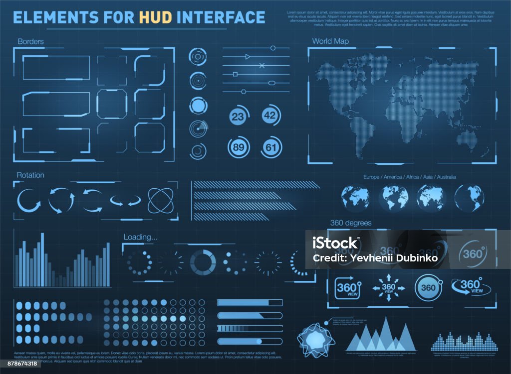 HUD user interface with vector elements. Interactive screen with control panel. Futuristic HUD UI HUD user interface with vector elements. Interactive screen with control panel. Futuristic HUD UI with infographic elements. Vector Head-up display - Vehicle Part stock vector