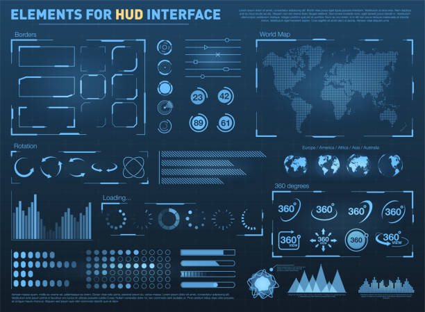 HUD user interface with vector elements. Interactive screen with control panel. Futuristic HUD UI HUD user interface with vector elements. Interactive screen with control panel. Futuristic HUD UI with infographic elements. Vector head up display vehicle part stock illustrations