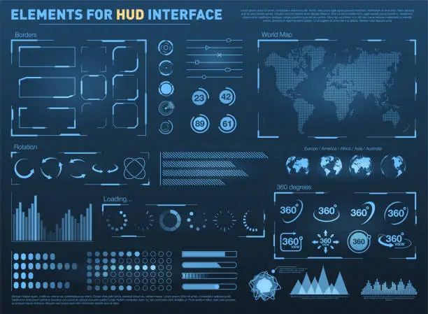 Vector illustration of HUD user interface with vector elements. Interactive screen with control panel. Futuristic HUD UI