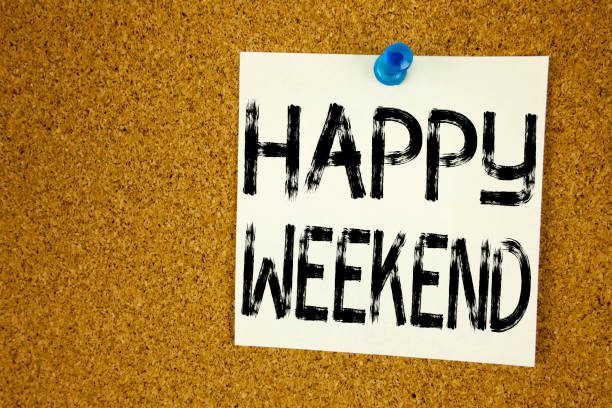 istock Conceptual hand writing text caption inspiration showing Happy Weekend. Business concept for Holiday Day Off Celebration written on sticky note, reminder cork background with copy space 878674346