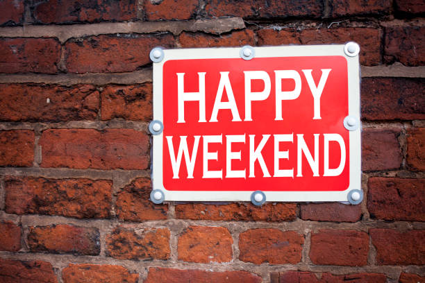 istock Hand writing text caption inspiration showing Happy Weekend concept meaning Holiday Day Off Celebration written on old announcement road sign with background and copy space 878674496