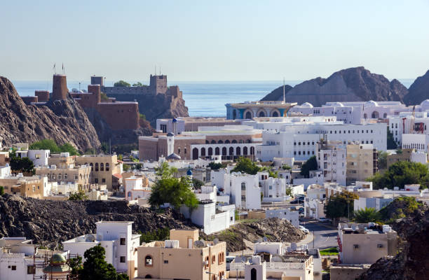 affacciato sulla vecchia zona del porto di muscat - muscat, oman - oman greater masqat built structure mosque foto e immagini stock