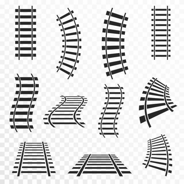 Rails set on transparent background. Straight and curved railroad tracks icon Rails set on transparent background. Straight and curved railroad tracks icon. Vector railroad track on white stock illustrations