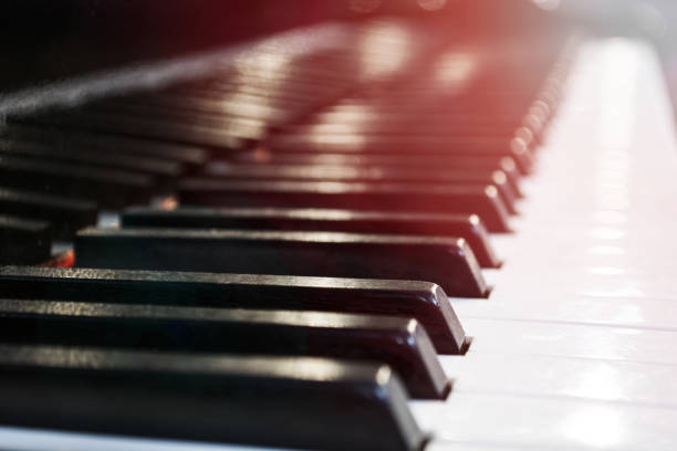istock piano keyboard black and white theme top view with dark vignette 878686098